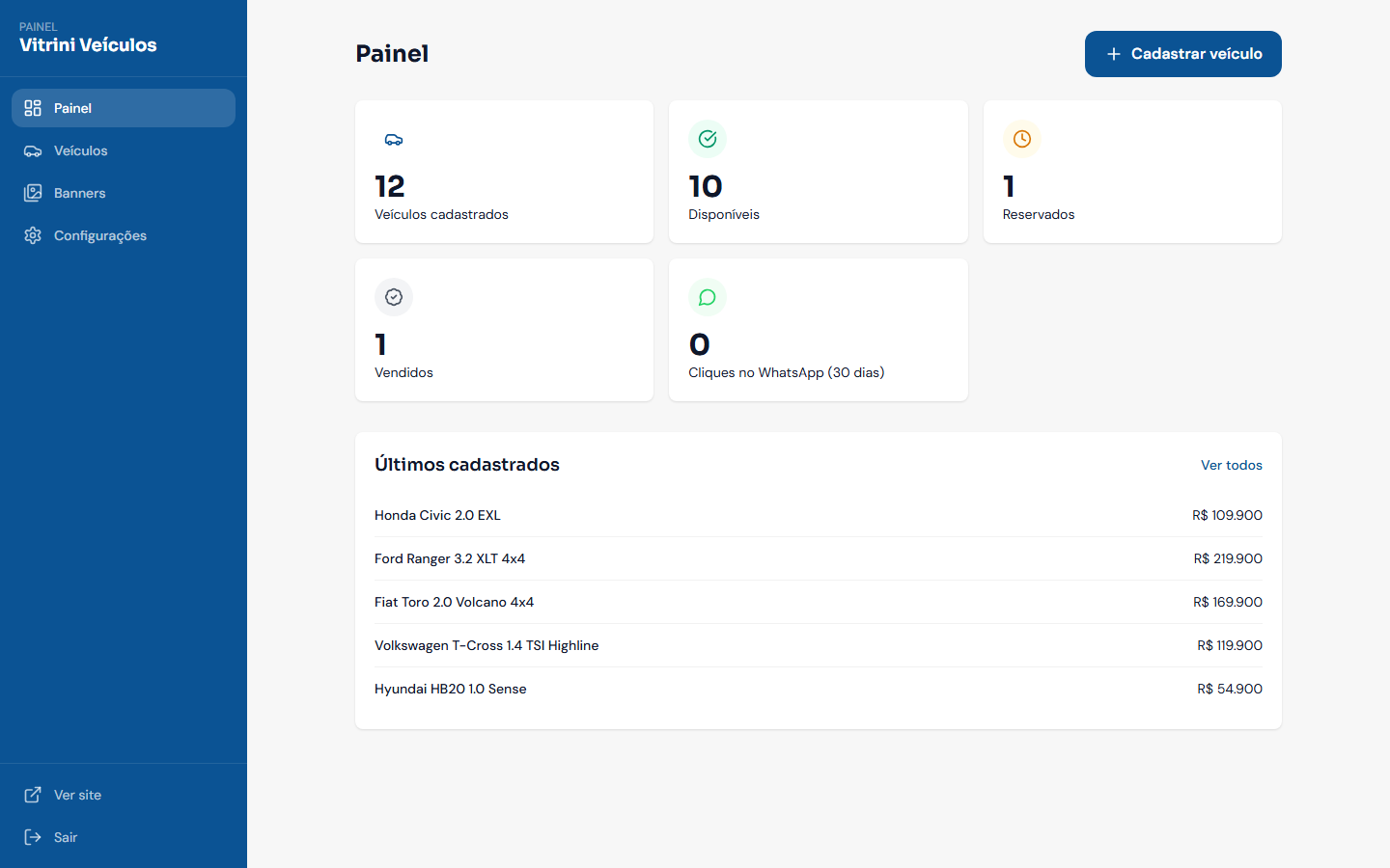 Painel administrativo com a lista de veículos, status e botão de novo veículo